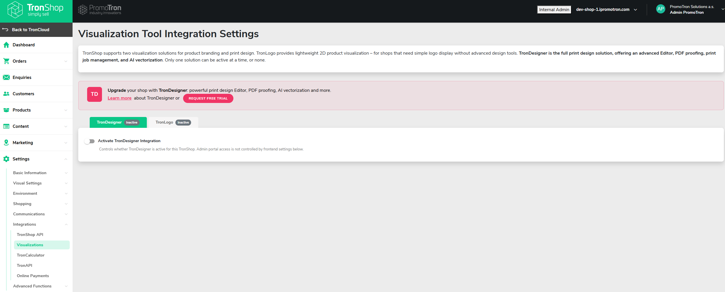 Visualization Tool Integration Settings page with a tab for each visualization tool and its active/inactive badge