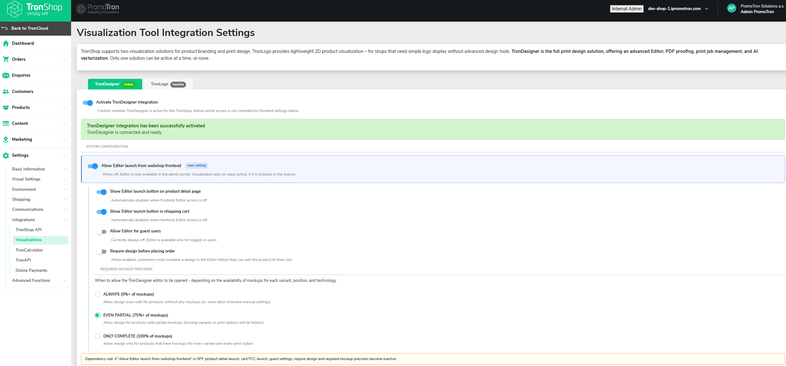 TronDesigner configuration section with the Editor behaviour settings