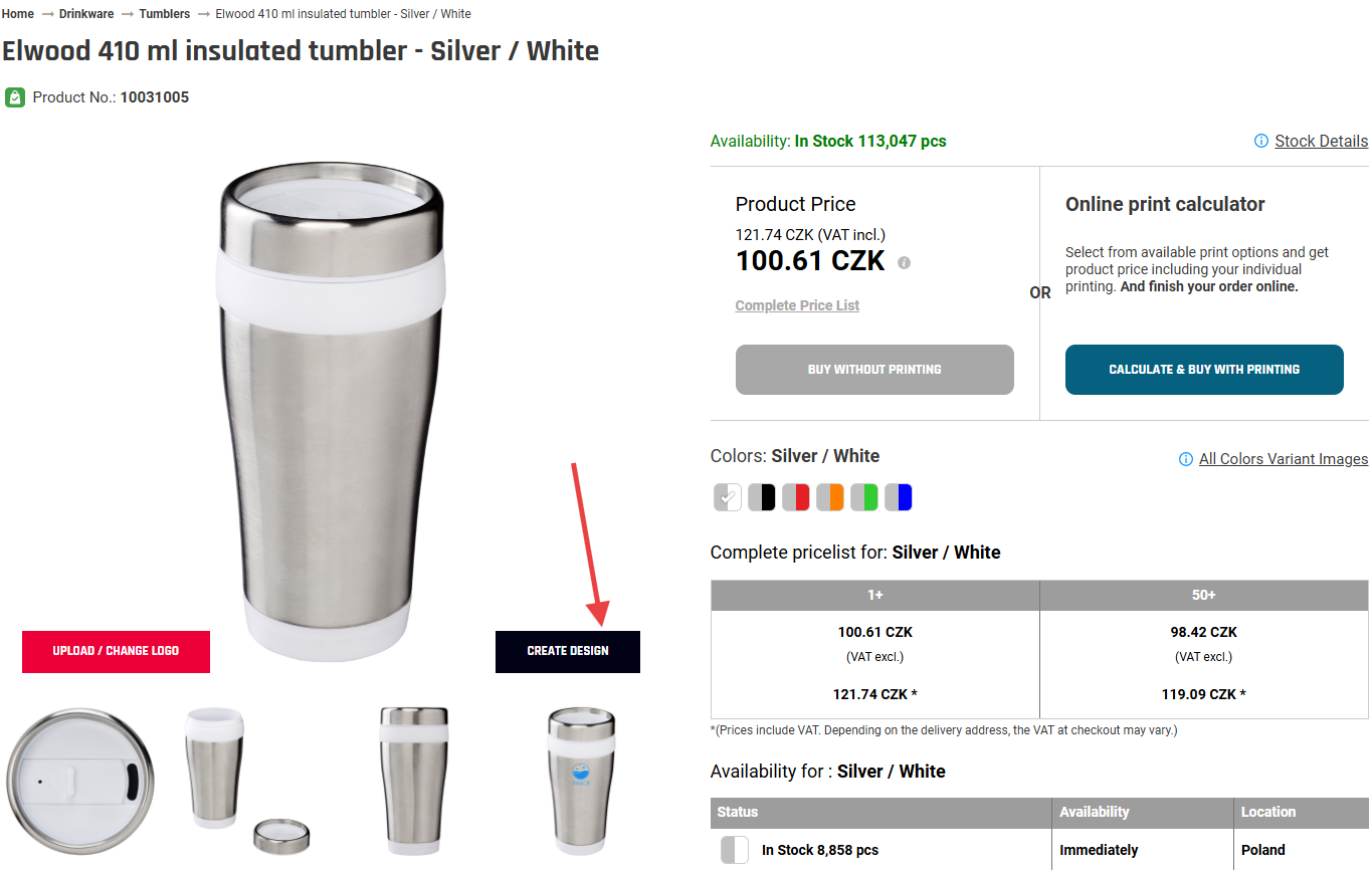 Create design button on a product detail page