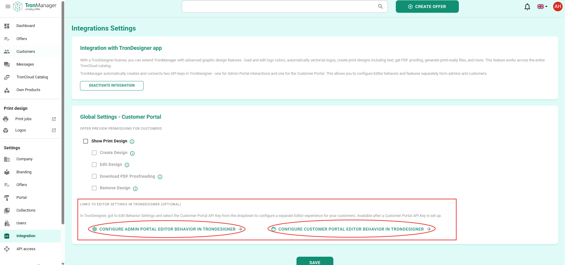 TronManager integration settings showing the Editor Behavior configuration links