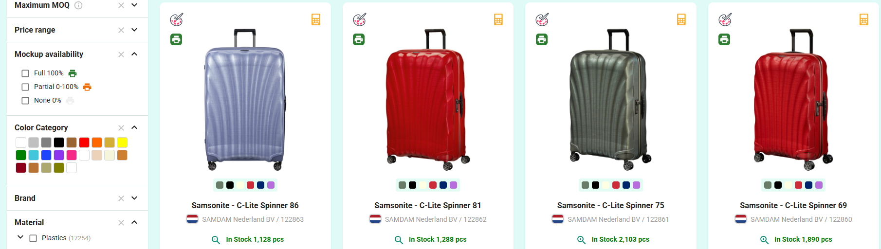 TronCloud catalog with palette icons on product cards and the Mockups Availability filter