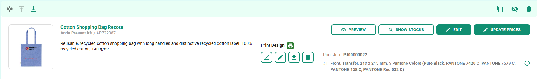 Offer detail Print Design section with a print job, showing details and all controls