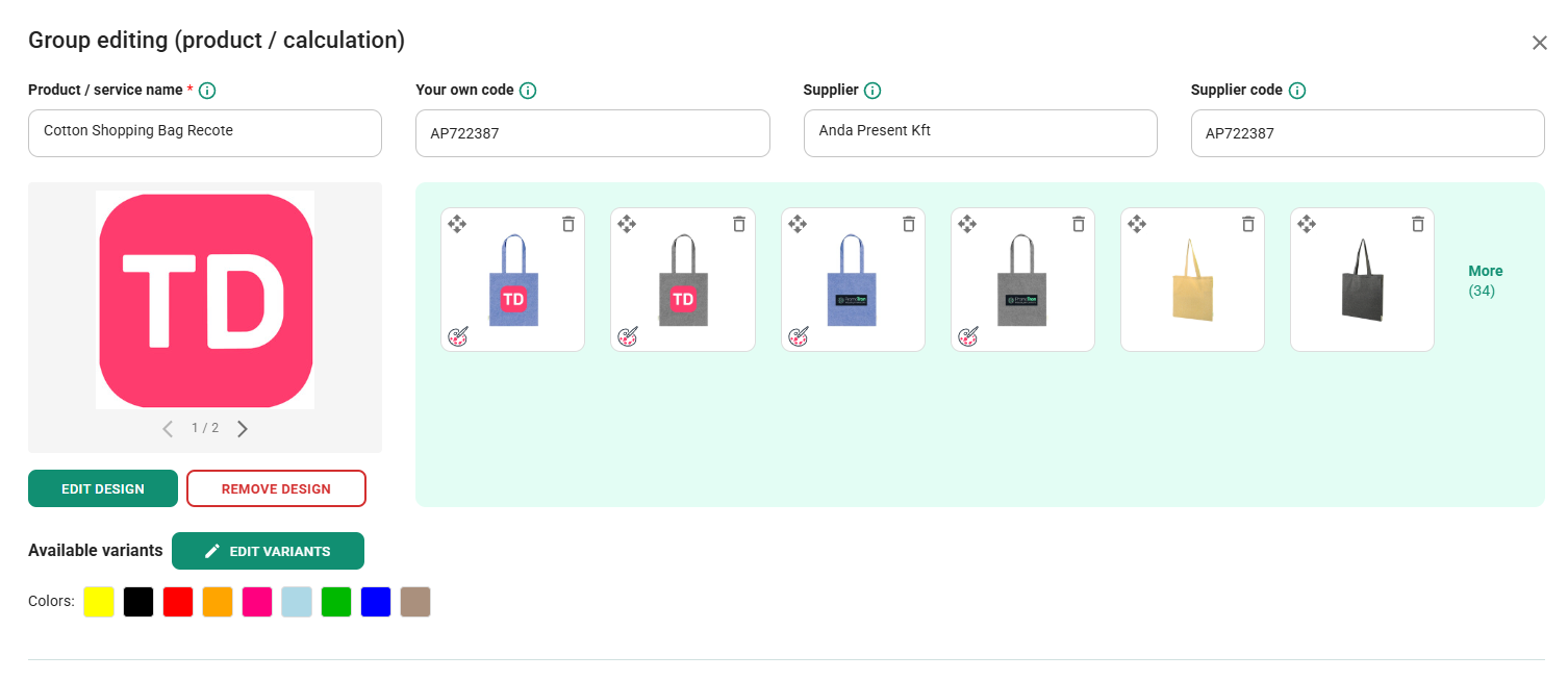 Group edit pop-up with Print Design controls and image gallery showing print job previews first