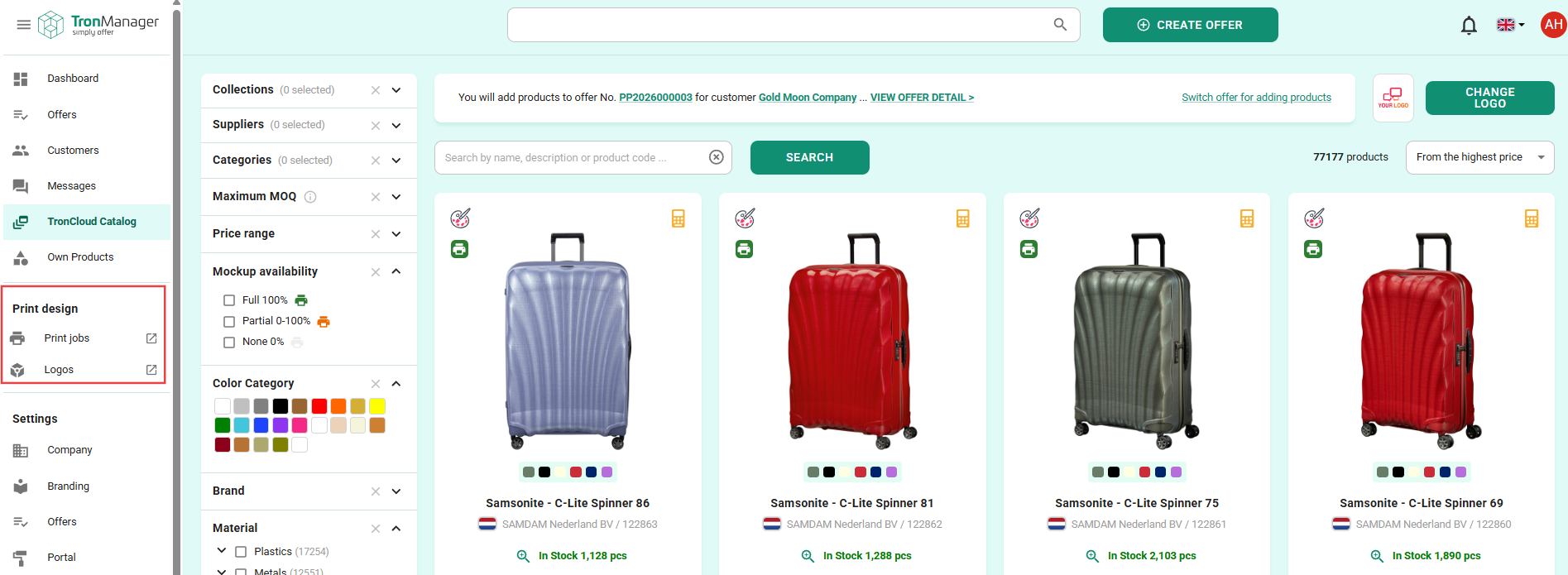 TronManager sidebar with the Print Design section showing Print Jobs and Logos links