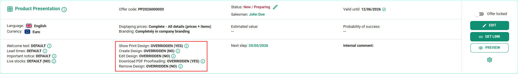 Offer header showing Print Design parameters with their current values