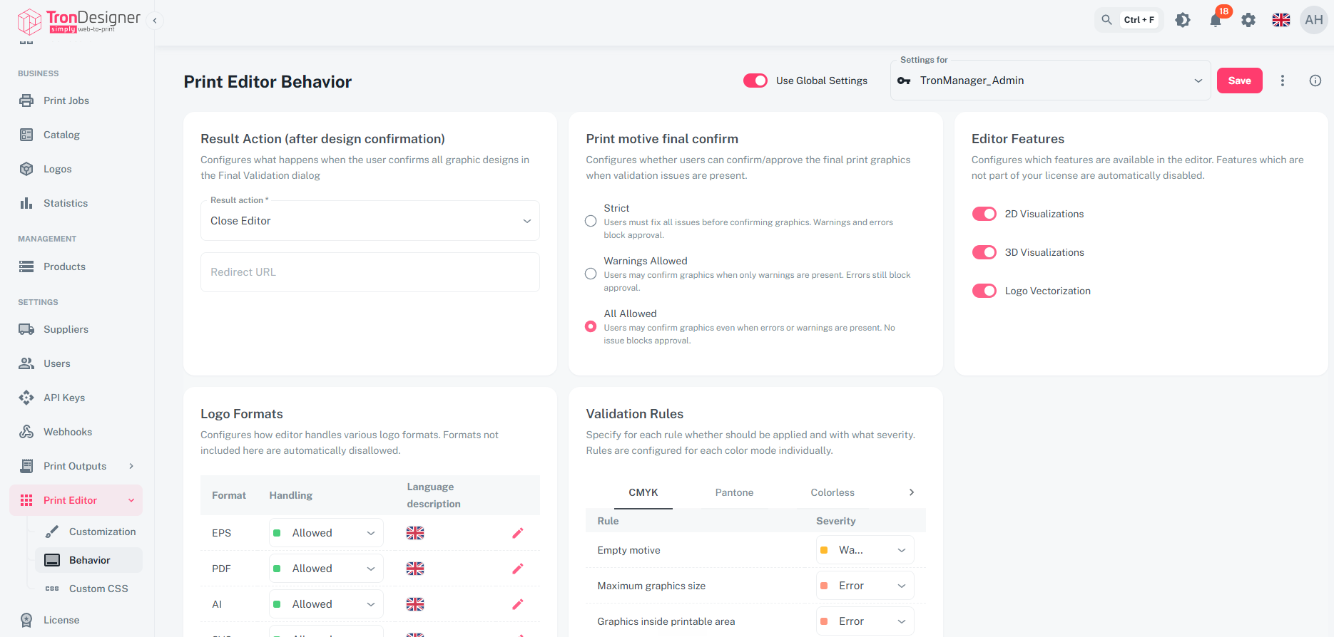 TronDesigner Print Editor Behavior section with the Use Global Settings toggle
