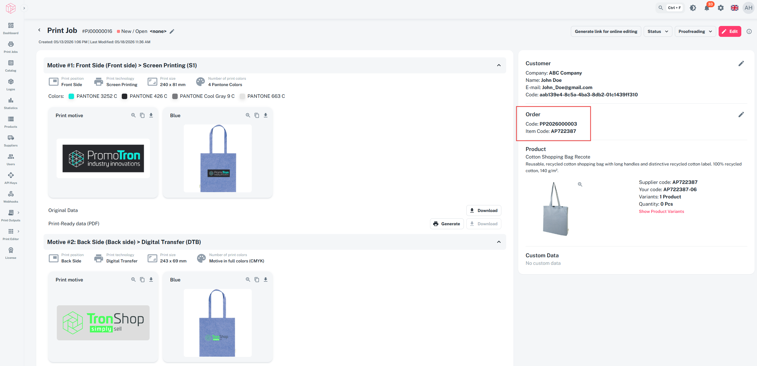 Print Job detail in TronDesigner showing the TronManager offer code and product code reference