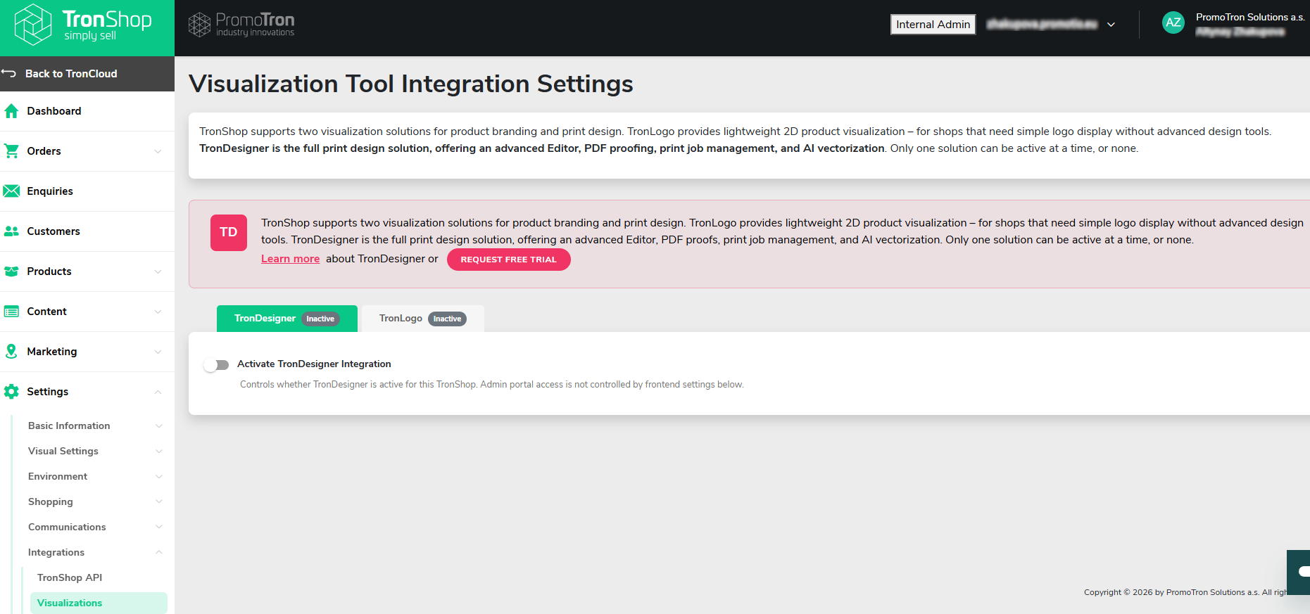 Visualization Tool Integration Settings page with a tab for each visualization tool and its active/inactive badge