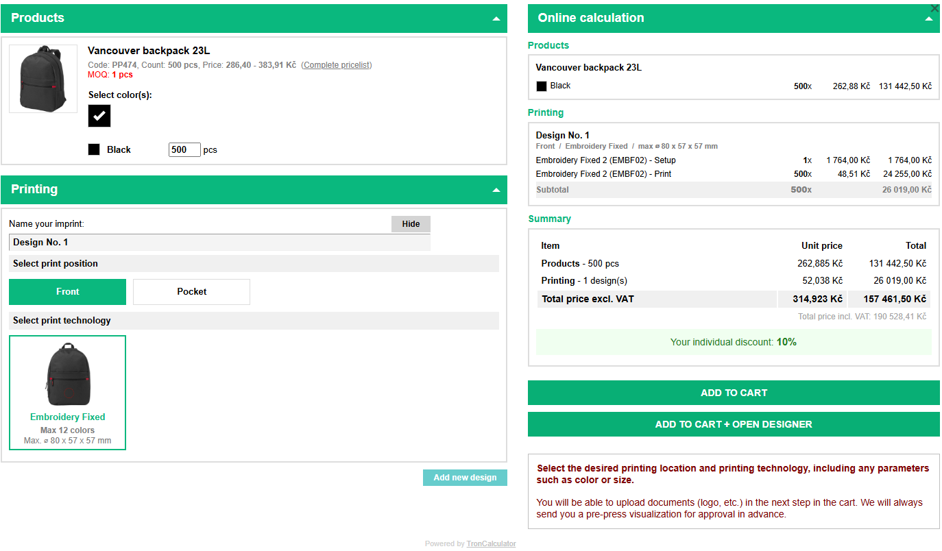 Calculator with Add to cart and Add to cart and open designer buttons