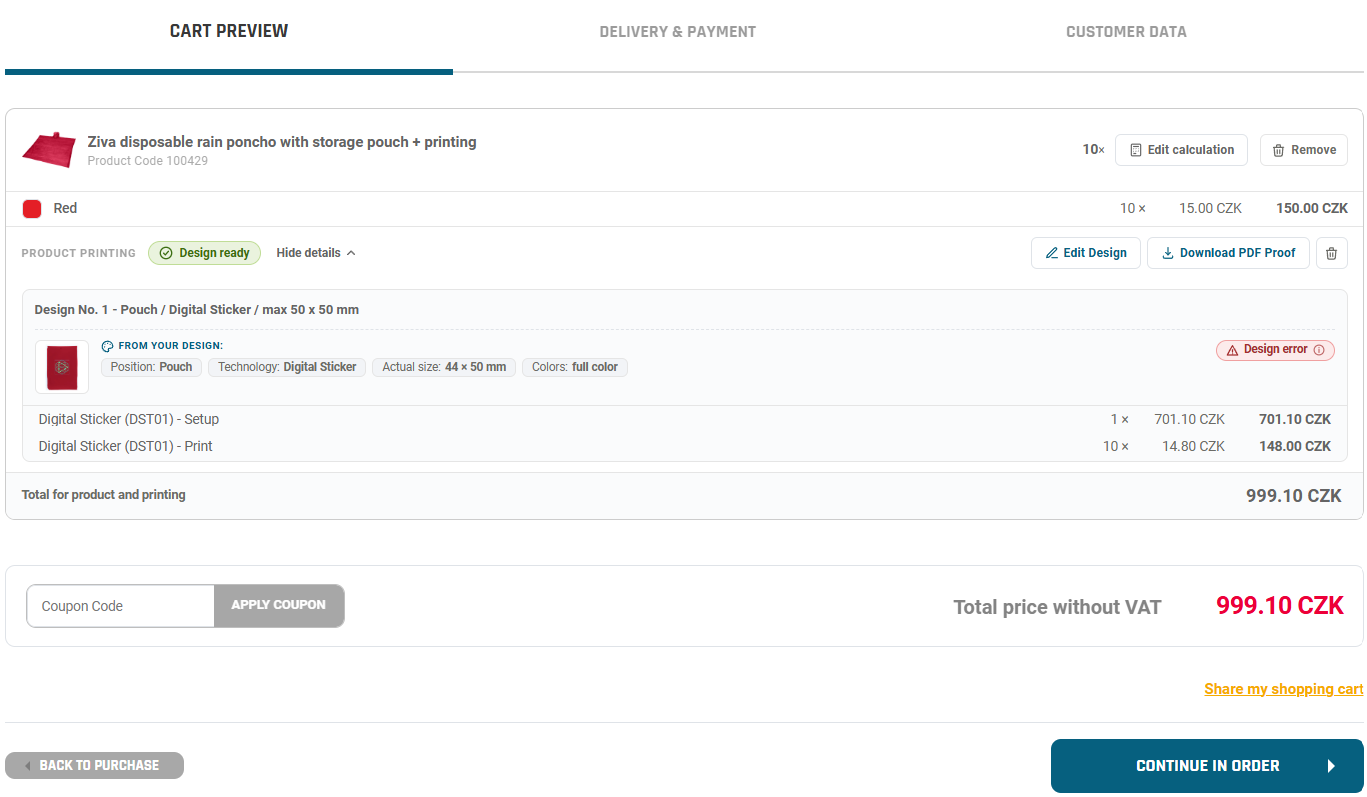 Cart item showing print job status, details and preview