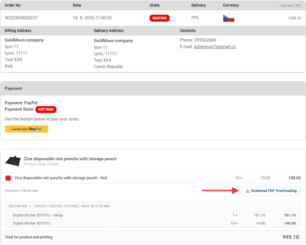 Customer order detail showing the visual proof download