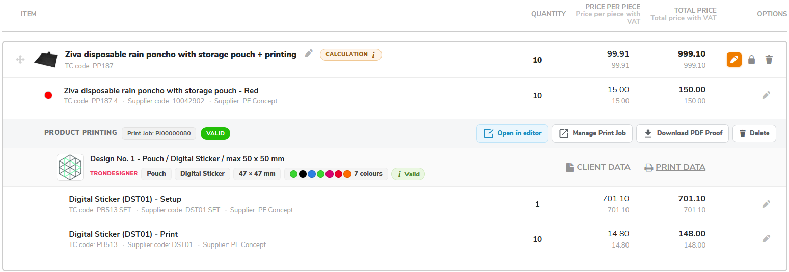 Product Printing group showing the print job number, status chip and design details