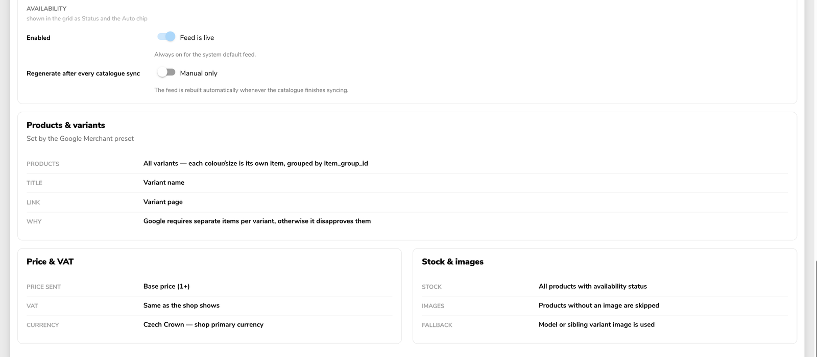 Feed detail - Availability settings and the rules set by the Google Merchant preset