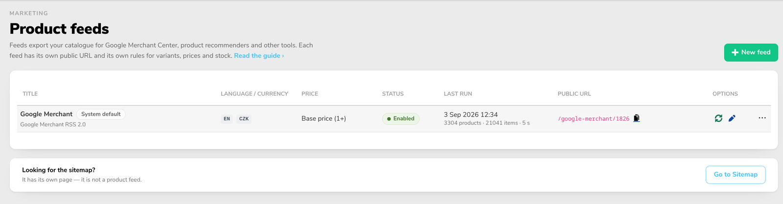 Marketing - Product feeds list with the system default Google Merchant feed