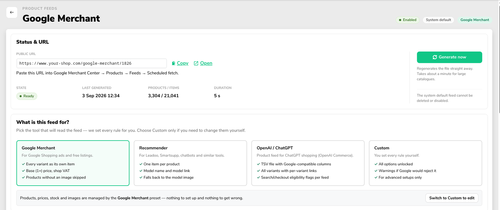 Feed detail - Status and URL card and the four presets