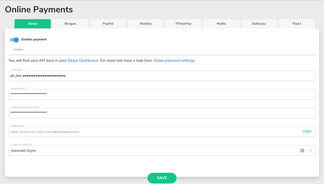 Online Payments, Stripe tab with the saved Secret Key and Webhook Secret Key shown as asterisks