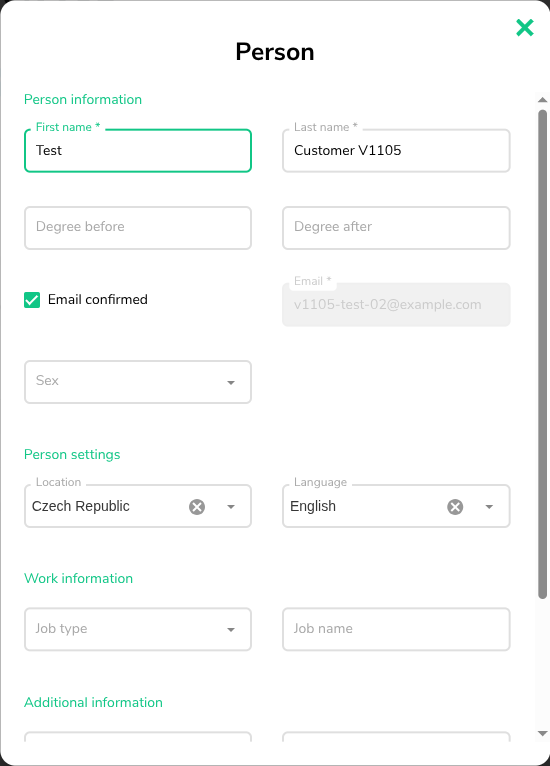 Person dialog of a customer with the Email confirmed checkbox ticked