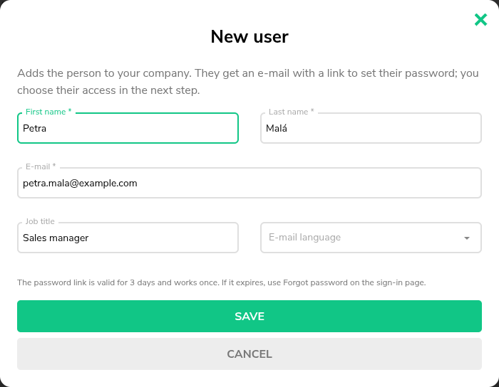 New user dialog with First name, Last name, E-mail, Job title and E-mail language