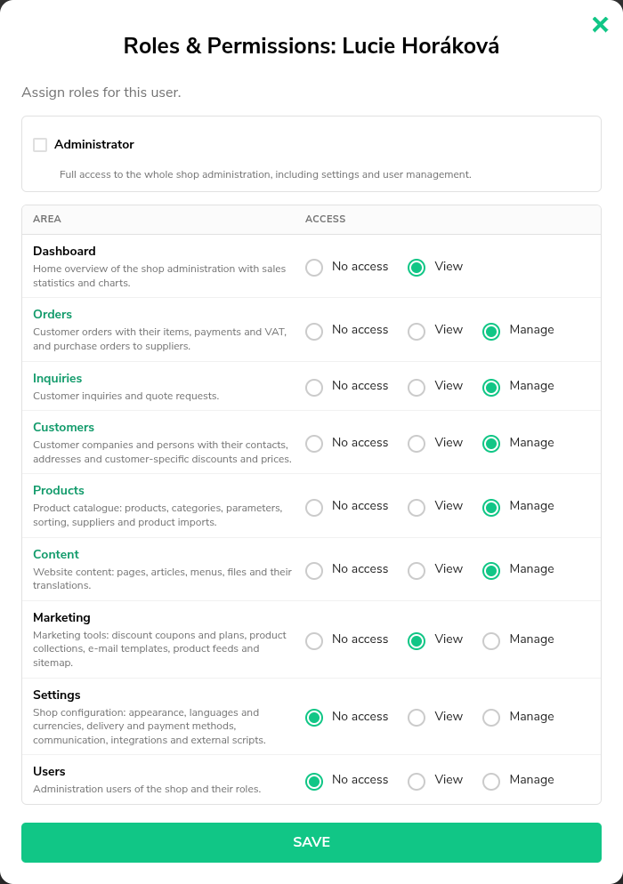 Roles & Permissions dialog with Administrator off and a mix of No access, View and Manage per area