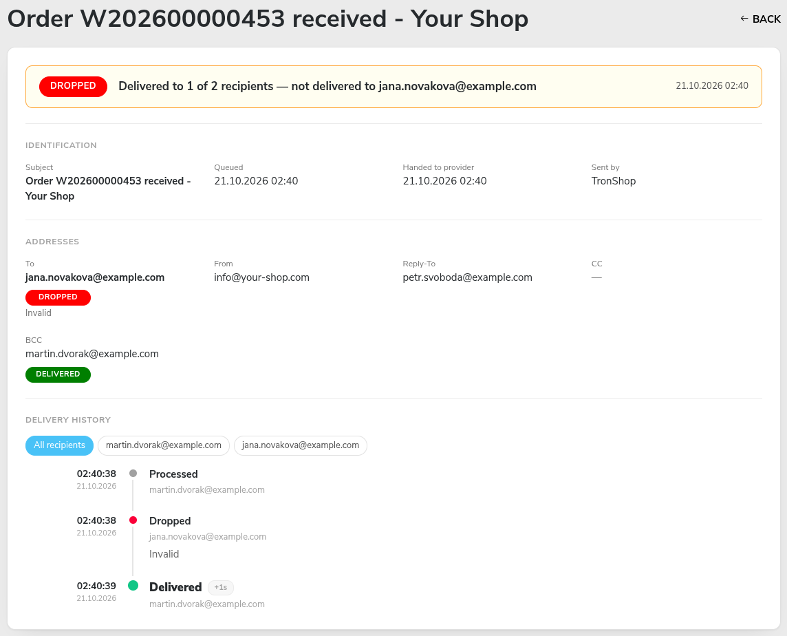 E-mail detail with the summary, identification, addresses and delivery history