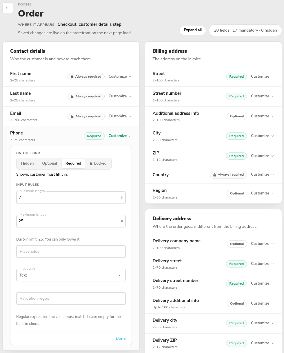 Order form editor with the Phone field opened in Customize, showing On the form and Input rules