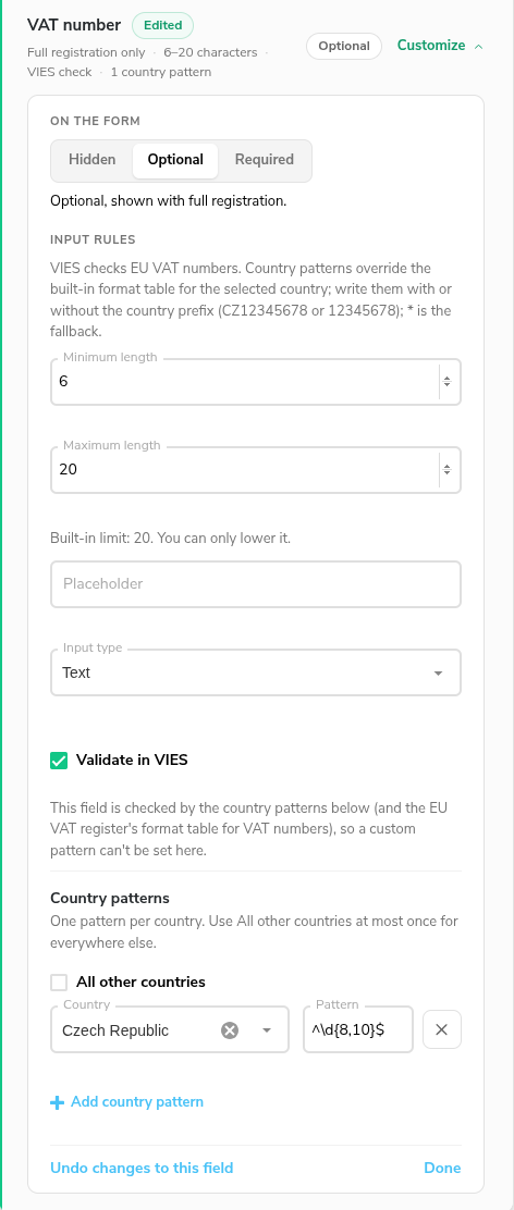 VAT number field opened in Customize with Check in VIES ticked and a country pattern for the Czech Republic