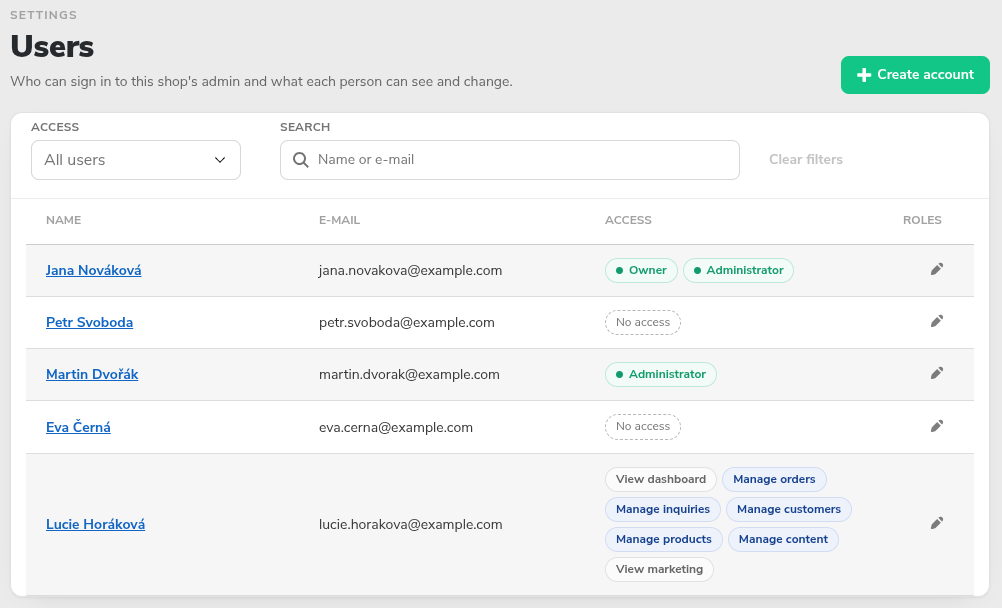 Users page with the Access filter, Search, Create account and the list with access chips Owner, Administrator, custom access and No access