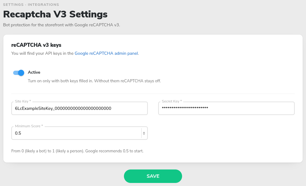 Recaptcha V3 Settings page with the Active switch, Site Key, Secret Key and Minimum Score
