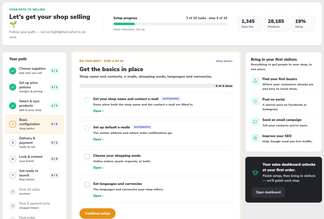 Start page of a shop in setup with Your path on the left, the tasks of the selected step in the middle and Bring in your first visitors on the right