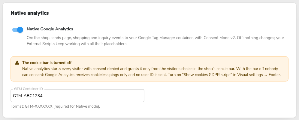 Analytics page with Native Google Analytics on and the warning The cookie bar is turned off