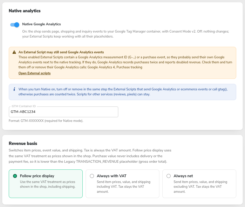 Settings, Integrations, Analytics page with Native Google Analytics on, the GTM Container ID field and the Revenue basis options